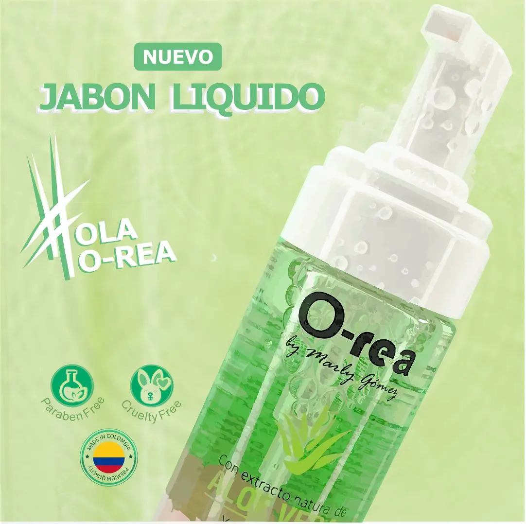Jabón facial O-rea Aloe Vera y Vitamina E, líquido con extracto de aloe vera.