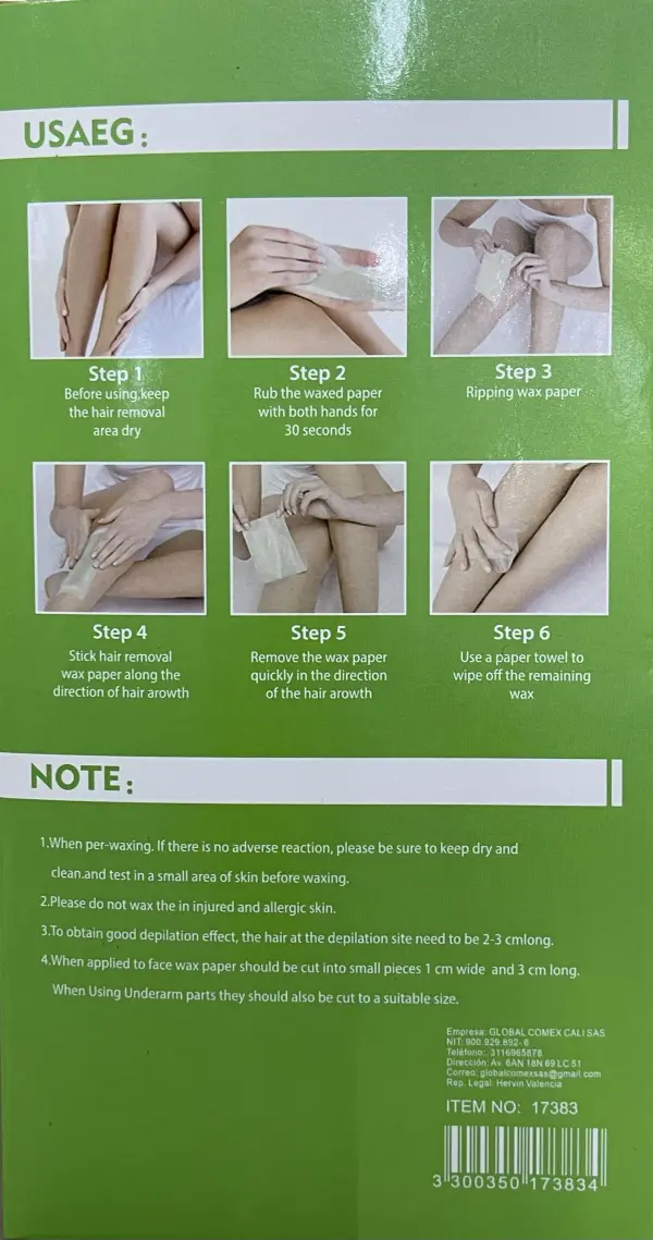 Parche depilador Hanei para piel suave, instrucciones de uso y precauciones.