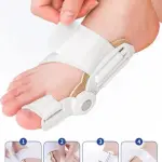 Férula corrector de juanete en pie femenino, ajuste con correas de velcro.
