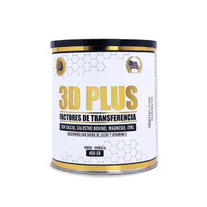 Lata de 3D Plus Factores de Transferencia sabor vainilla con calcio, calostro bovino, magnesio y zinc.