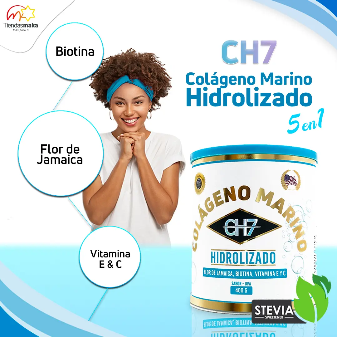 Colágeno Hidrolizado Marino CH7 con Biotina, Flor de Jamaica, Vitaminas E&C. Sabor Uva.