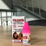 Pulgafin gotas para mascotas contra pulgas y garrapatas, presentado en caja y frasco pequeño.