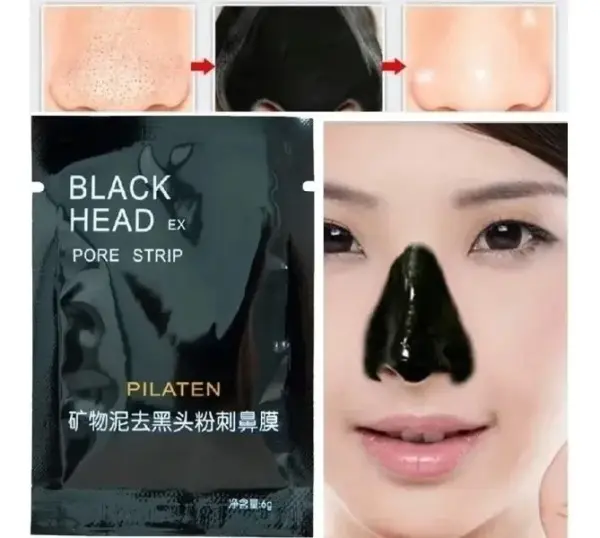 Mascarilla para poros Pilaten Black Head con carbón removedor de espinillas y barros, aplicación en nariz.