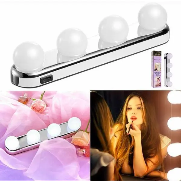 Tira de 4 bombillos LED Studio Glow para maquillaje, con espejo y rosas.