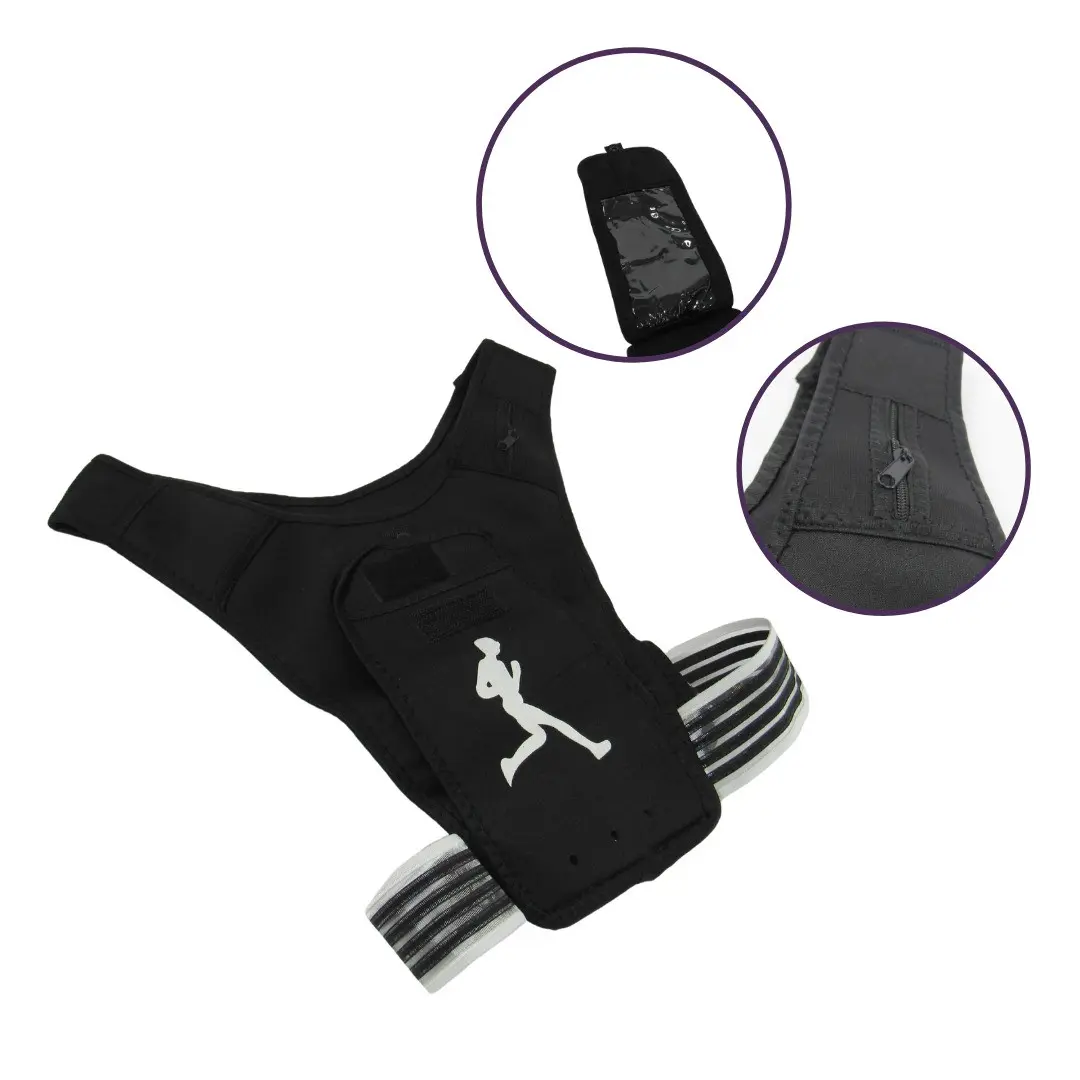 Corrector de postura para deportistas negro con banda ajustable y bolsillo para celular.