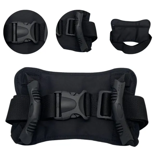 Sujetador para motocicleta con asas y hebilla de seguridad, negro, ajustable.