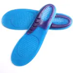 Plantillas de silicona azul y morado para calzado deportivo con diseño ergonómico.