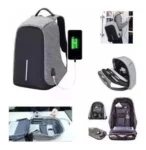 Morral antirrobo gris y negro con puerto USB y compartimentos organizados para portátil.