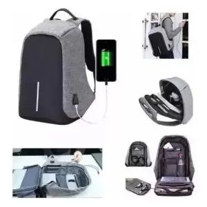 Morral antirrobo gris y negro con puerto USB y compartimentos organizados para portátil.