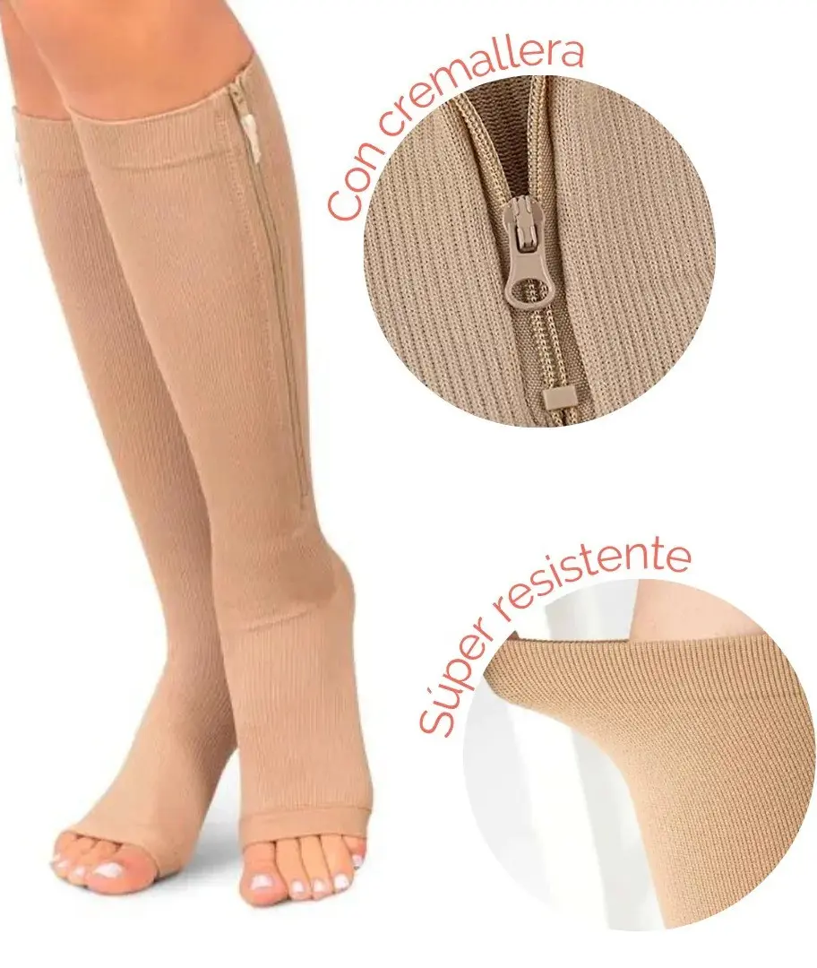 Medias de compresión de cremallera con puntera abierta, beige, súper resistentes, ideales para piernas.