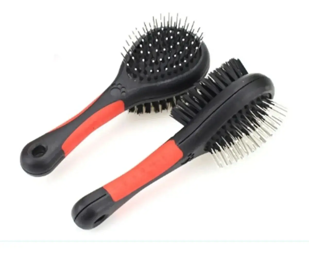 Cepillo doble cara para mascotas, 2 en 1, mango ergonómico antideslizante, ideal para pelo de perro y gato.