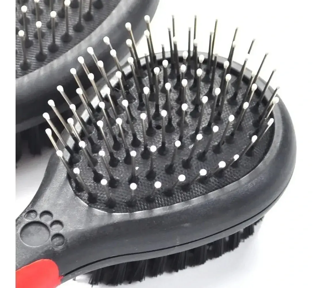 Cepillo para mascotas doble cara con cerdas metálicas y suaves, ideal para perros y gatos.