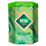 Envase verde de Fibra MW con diseño de hojas y detalles en dorado. Contenido 400g.