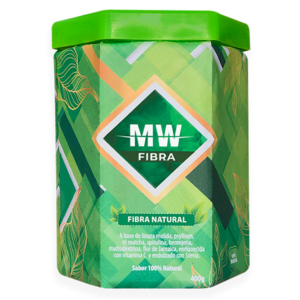 Envase verde de Fibra MW con diseño de hojas y detalles en dorado. Contenido 400g.