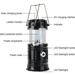 Lámpara linterna solar Sh-5800T con panel, asa, bombilla LED y estuche.