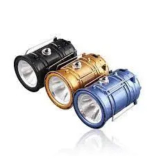 Lámpara linterna solar recargable Sh-5800T en negro, dorado y azul.
