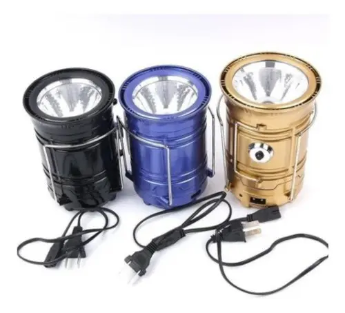 Lámpara linterna solar recargable SH-5800T, portátil, negra, azul y dorada.