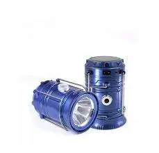 Lámpara linterna solar portátil Sh-5800T, diseño cilíndrico azul, ideal para camping y emergencias.