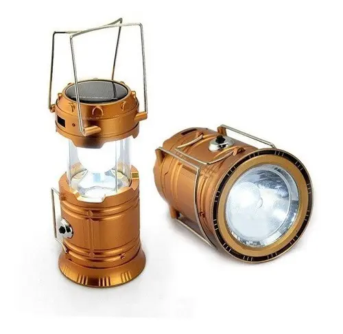 Lámpara linterna solar Sh-5800T dorada, portátil y expandible con panel solar en la parte superior y potente LED lateral.