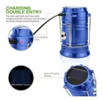 Lámpara linterna solar SH-5800T azul con carga AC y paneles solares, ideal para exteriores.