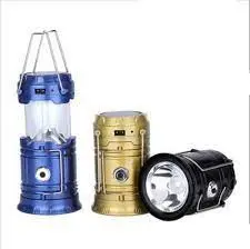 Lámpara linterna solar recargable Sh-5800T azul, dorada y negra.