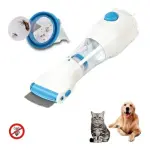 Cepillo V-Comb eléctrico para eliminar pulgas y piojos de mascotas, con detalle de succión y filtro.