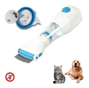 Cepillo V-Comb eléctrico para eliminar pulgas y piojos de mascotas, con detalle de succión y filtro.