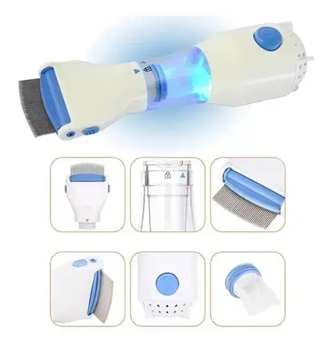 Cepillo V-Comb mata pulgas y piojos con luz azul LED para un peinado eficaz.