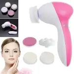 Cepillo masajeador facial 5 en 1 rosa y blanco con accesorios: exfoliante, esponja y rodillos de masaje.