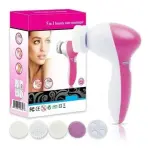 Cepillo masajeador facial 5 en 1, rosa y blanco, con cabezales intercambiables.