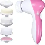 Cepillo masajeador facial 5 en 1 rosa y blanco con 5 cabezales intercambiables para cuidado de la piel.