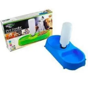 Bebedero automático azul para mascotas, alimentador con botella de agua y compartimento para comida.
