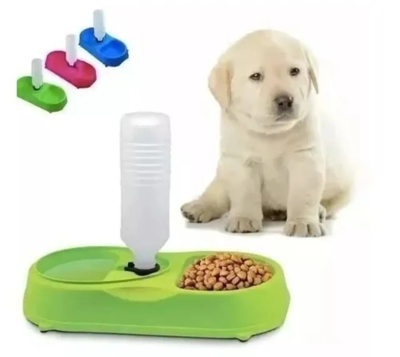 Alimentador y bebedero para mascotas con cachorro Labrador, automático, verde.