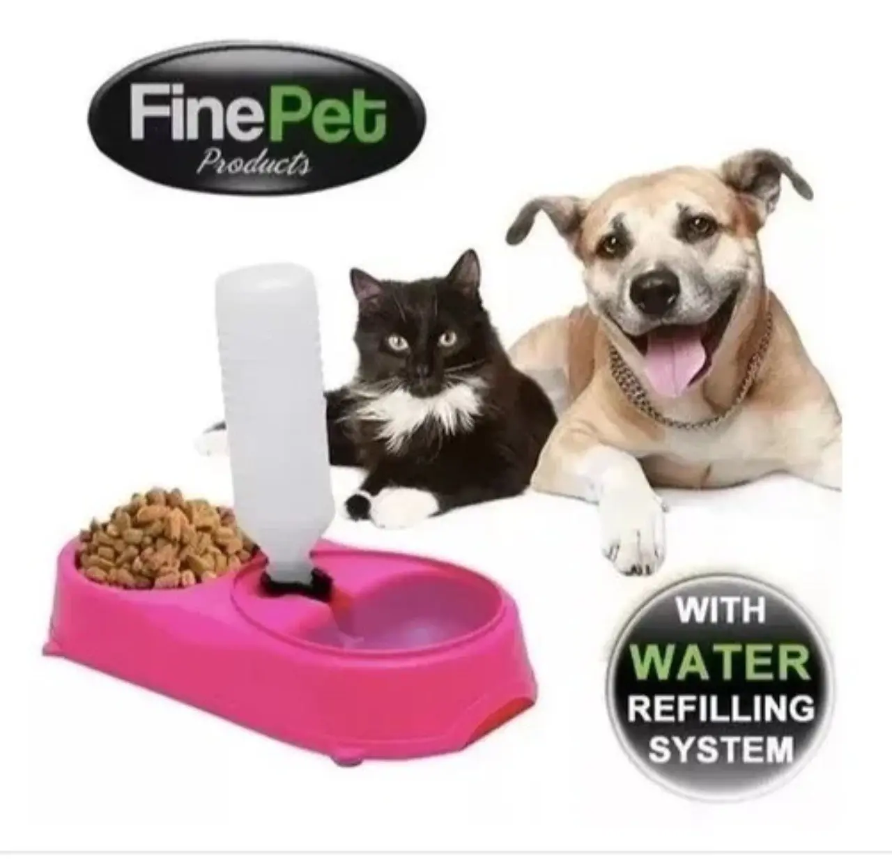 Alimentador y bebedero para mascotas con sistema de recarga automática de agua, perro y gato.
