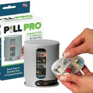 Pastillero Pill Pro giratorio con 7 dispensadores de pastillas, ideal para organizar medicamentos diarios.