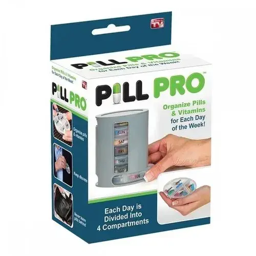 Pastillero Pill Pro organiza píldoras y vitaminas diarias, con compartimentos por día de la semana.