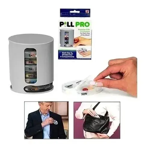 Pastillero semanal Pill Pro giratorio con compartimentos para cada día, ideal para organizar vitaminas.