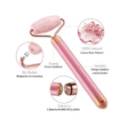 Masajeador antiedad Flawless Contorn eléctrico de cuarzo rosa natural con mango metálico duradero y sin ruido.
