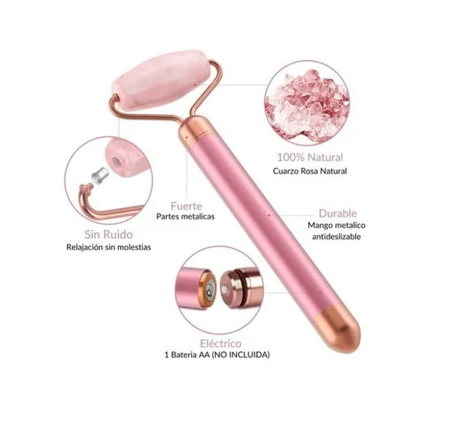 Masajeador antiedad Flawless Contorn eléctrico de cuarzo rosa natural con mango metálico duradero y sin ruido.
