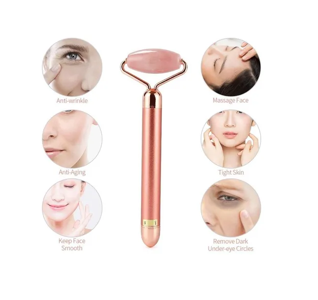 Flawless Contorn Masajeador Antiedad: Roller facial de cuarzo rosa para rostro, líneas finas y ojeras.
