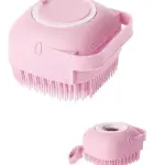 Cepillo corporal de silicona suave para baño, rosa, con tapa abierta.