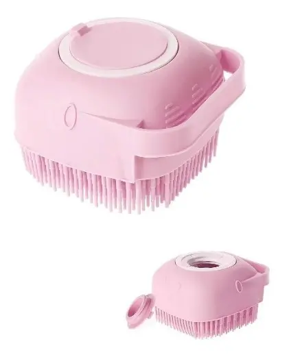 Cepillo corporal de silicona suave para baño, rosa, con tapa abierta.