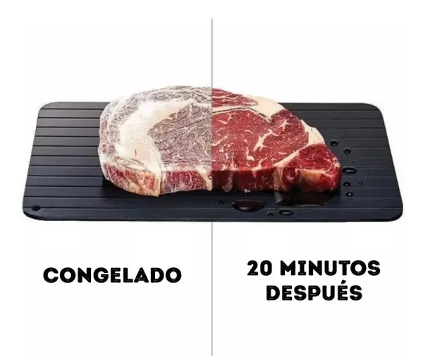Tabla descongelante para carnes: muestra la diferencia entre carne congelada y lista para cocinar en 20 minutos.