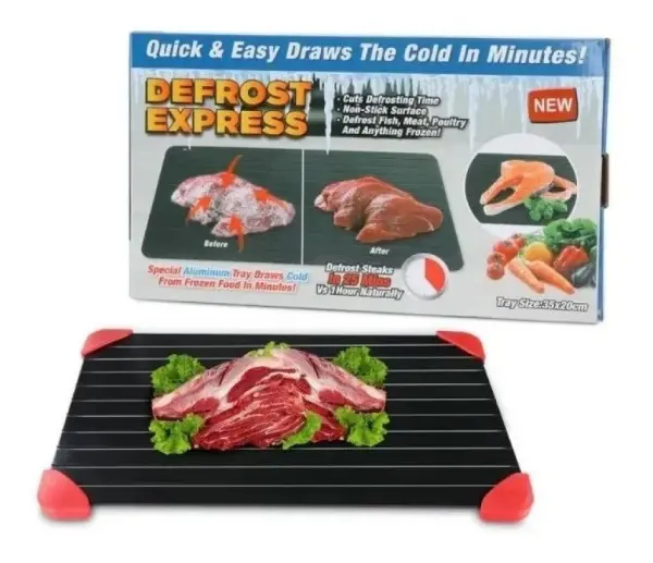 Tabla descongelante de aluminio para carnes, pescado y pollo. Rápida y fácil.