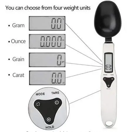 Cuchara gramera digital con 4 unidades de peso: gramo, onza, grain y quilate.