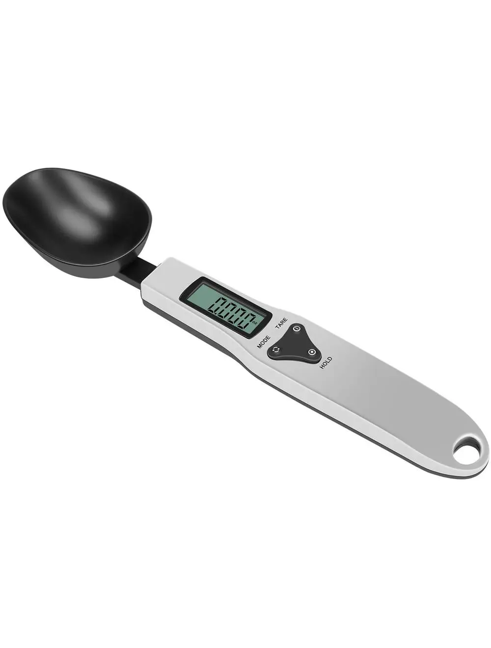 Cuchara gramera digital con pantalla y botones para pesar ingredientes con precisión.