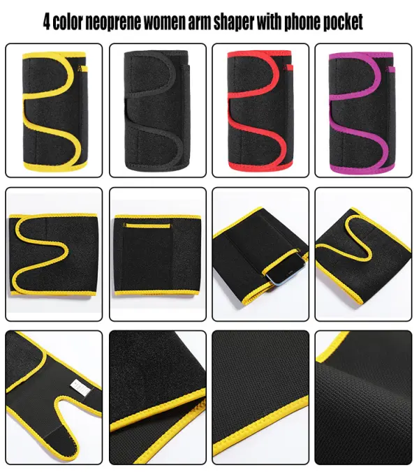 Faja de brazo de neopreno negra con ribete amarillo, diseño ajustable y bolsillo.