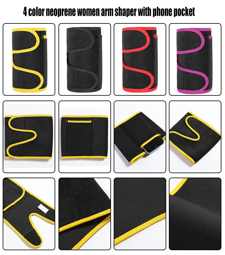 Faja de brazo de neopreno negra con ribete amarillo, diseño ajustable y bolsillo.