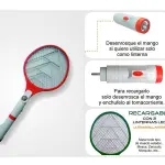 Raqueta mata mosquitos eléctrica recargable con 2 linternas LED ultrabrillantes.