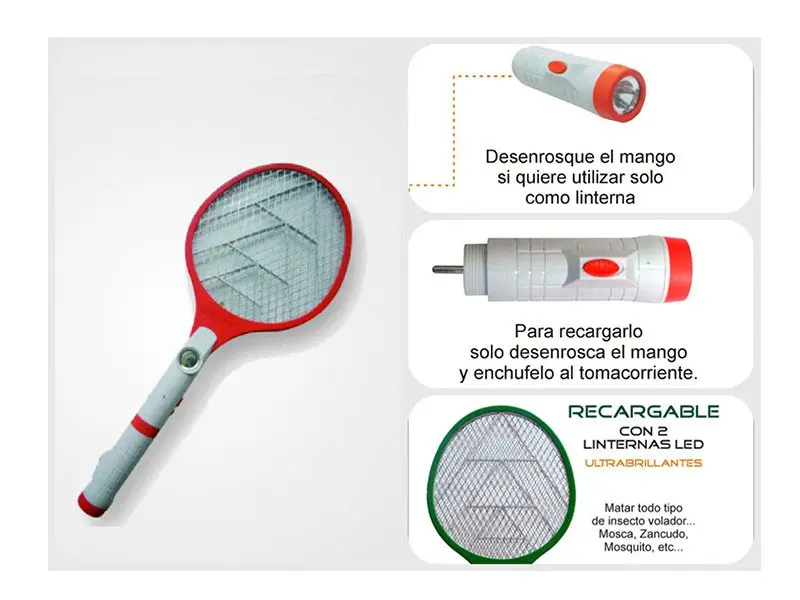 Raqueta mata mosquitos eléctrica recargable con 2 linternas LED ultrabrillantes.